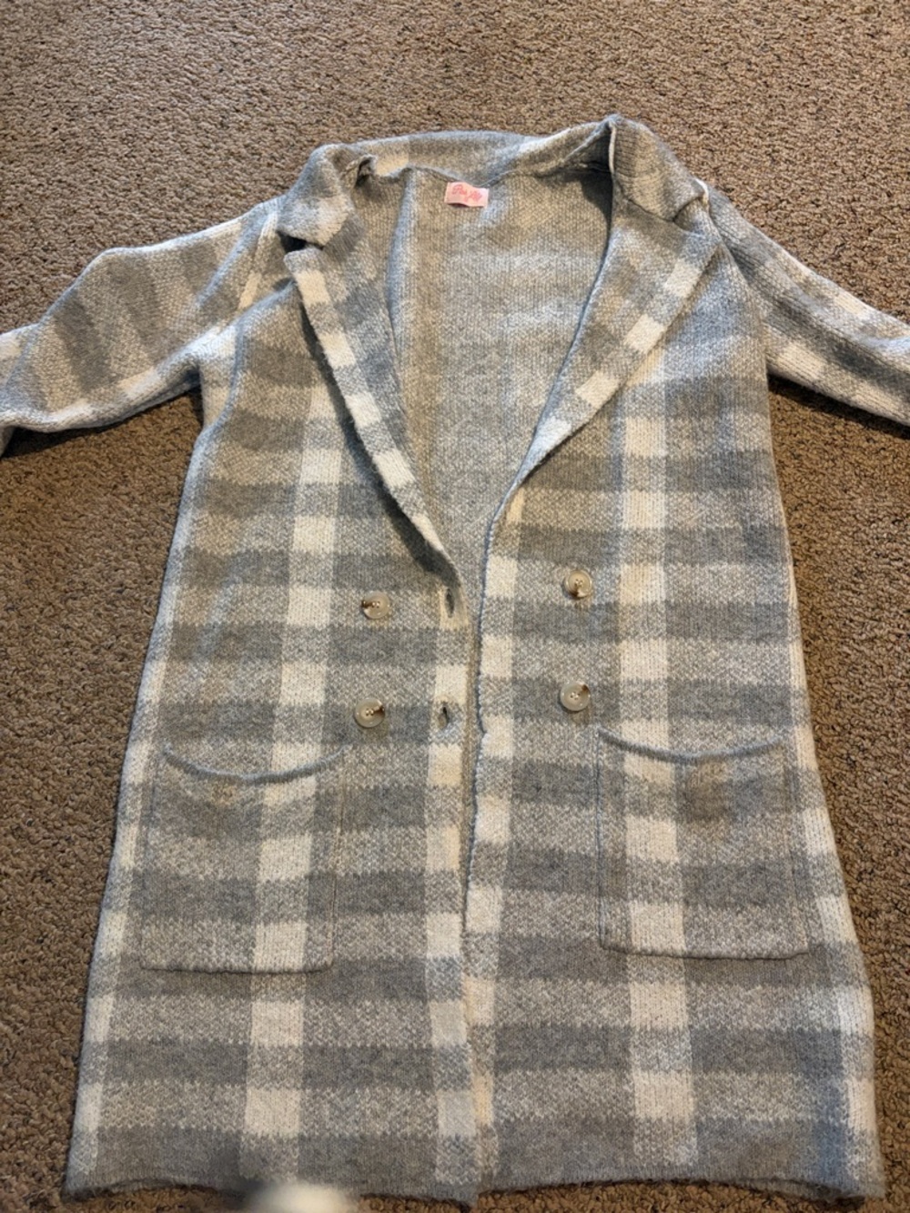 Pink Lily Gray and Cream Plaid Long sweater